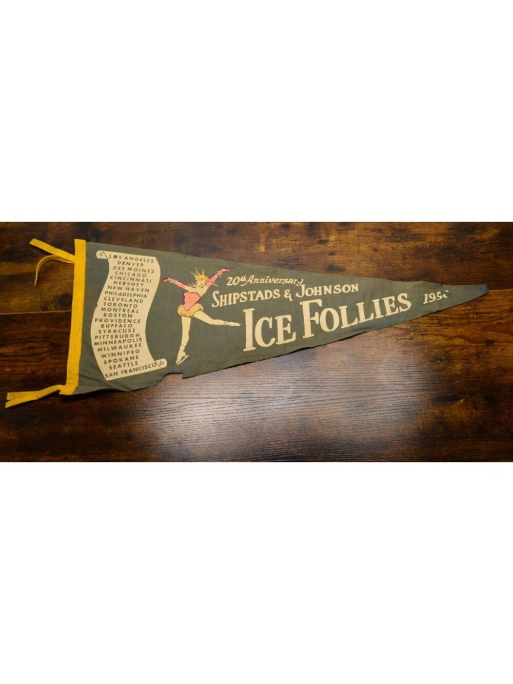 Vintage 1956 Shipstads and Johnson Ice Follies pennant damaged 26.5 inches